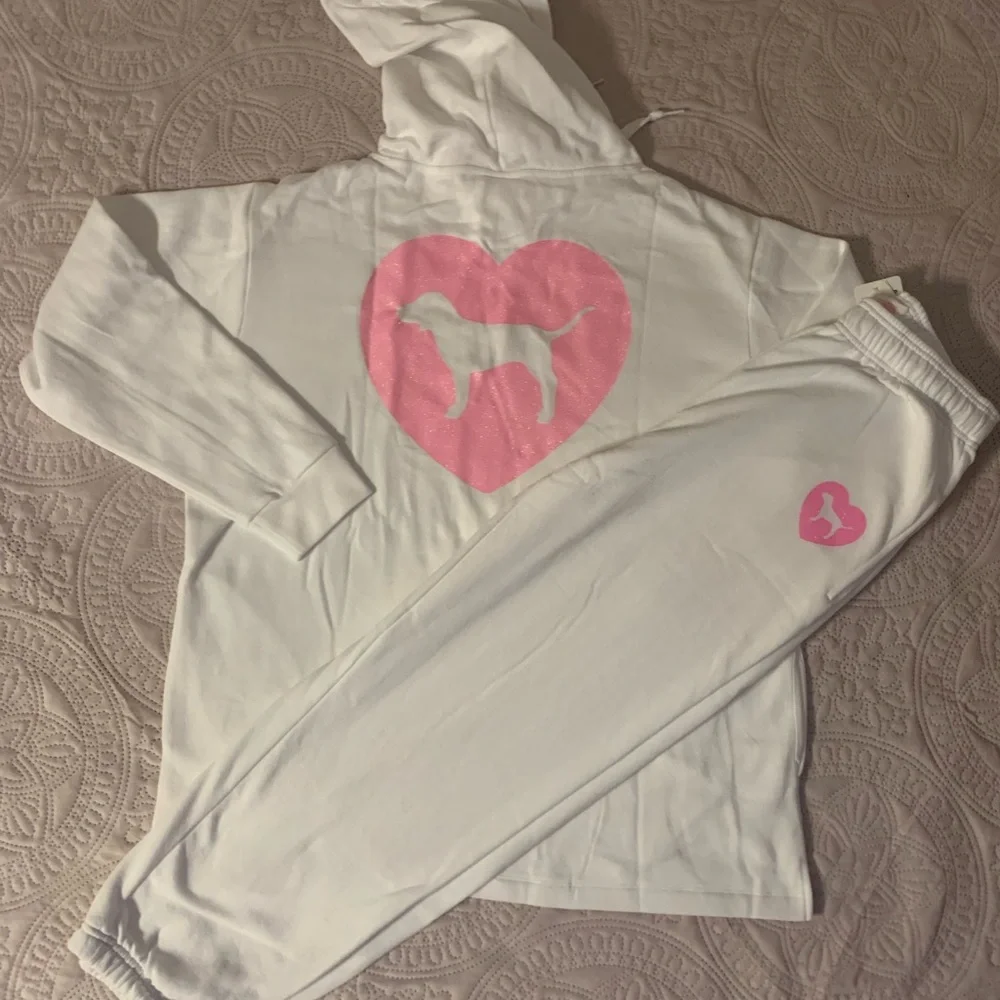 Victoria’s Secret Pink Originals White Pullover Hoodie Campus Sweats & Tee SET - Picture 6 of 7